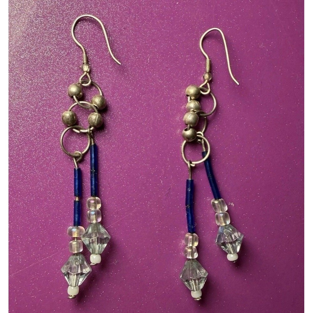 Vintage Artisan Beaded Dangle Earrings Cobalt Blue Glass Crystal Drop Boho 3"